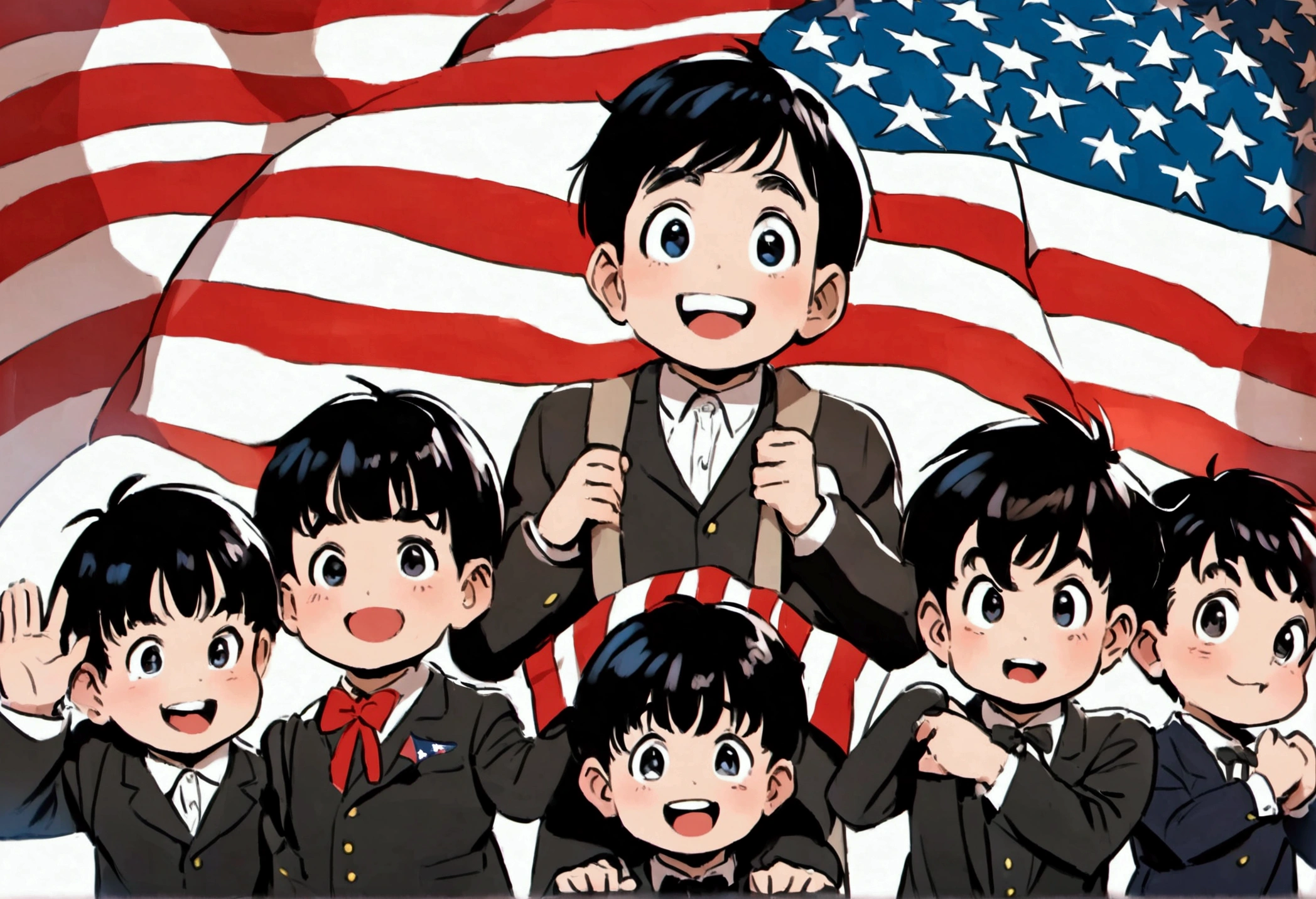 Classic TV, the little rascals, playfully hold up a MAGA banner, An american flag in the background