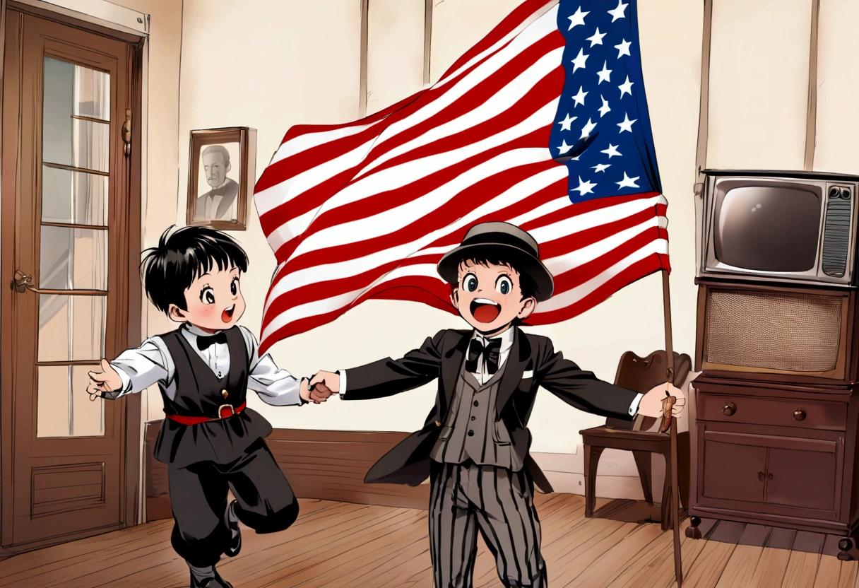 Classic TV, the little rascals, playfully hold up a MAGA banner, An american flag in the background