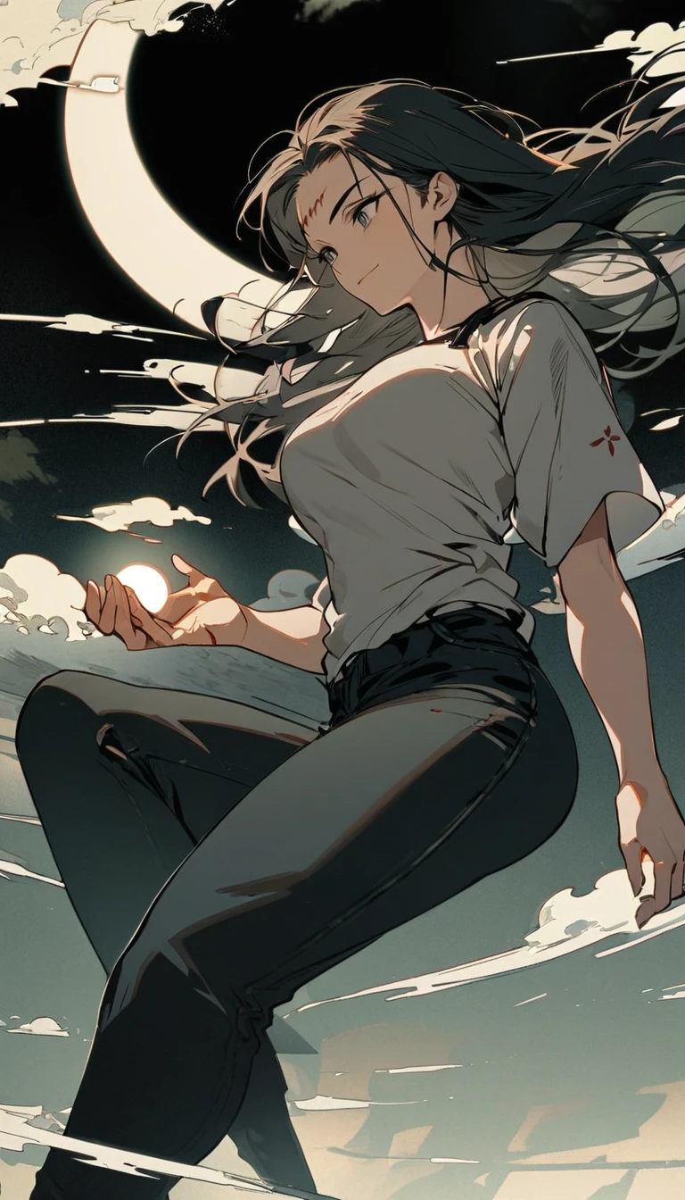 A woman dressed in a medium length medium sleeved shirt, black jeans, floating above the skies of Japan, a stitch mark scars across her forehead, a faint smile as she holds a black hole in her hand, quite feminine and fairly muscular