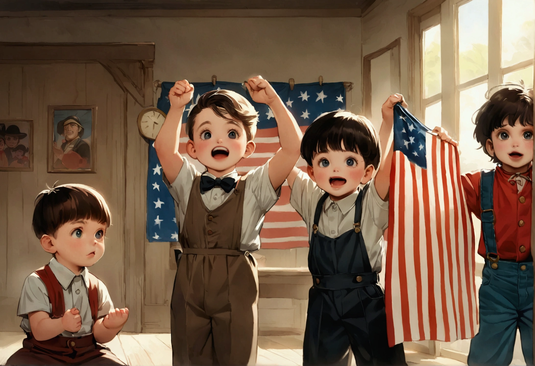 Classic TV, the little rascals, playfully hold up a MAGA banner, An american flag in the background