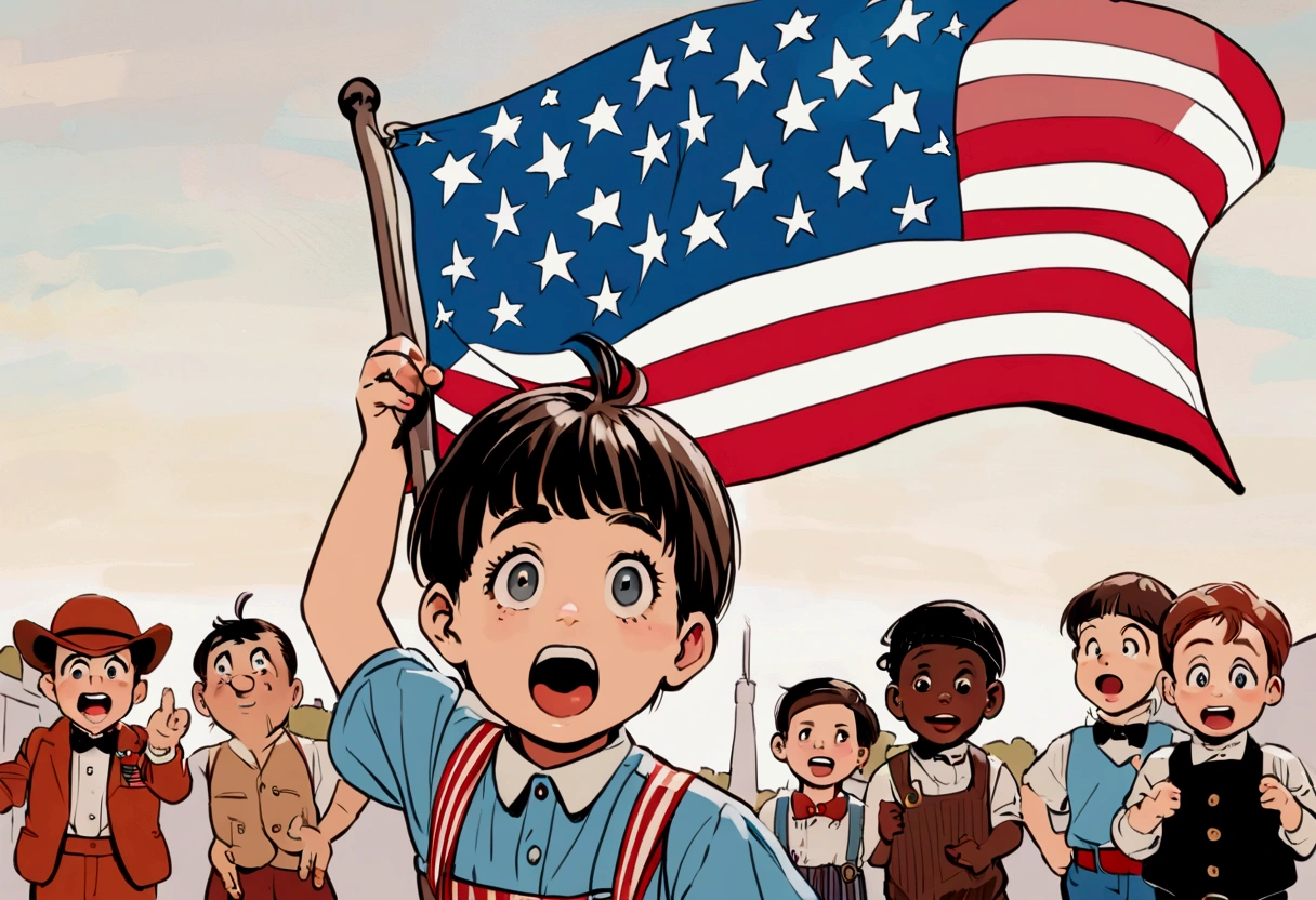 Classic TV, the little rascals, playfully hold up a MAGA banner, An american flag in the background
