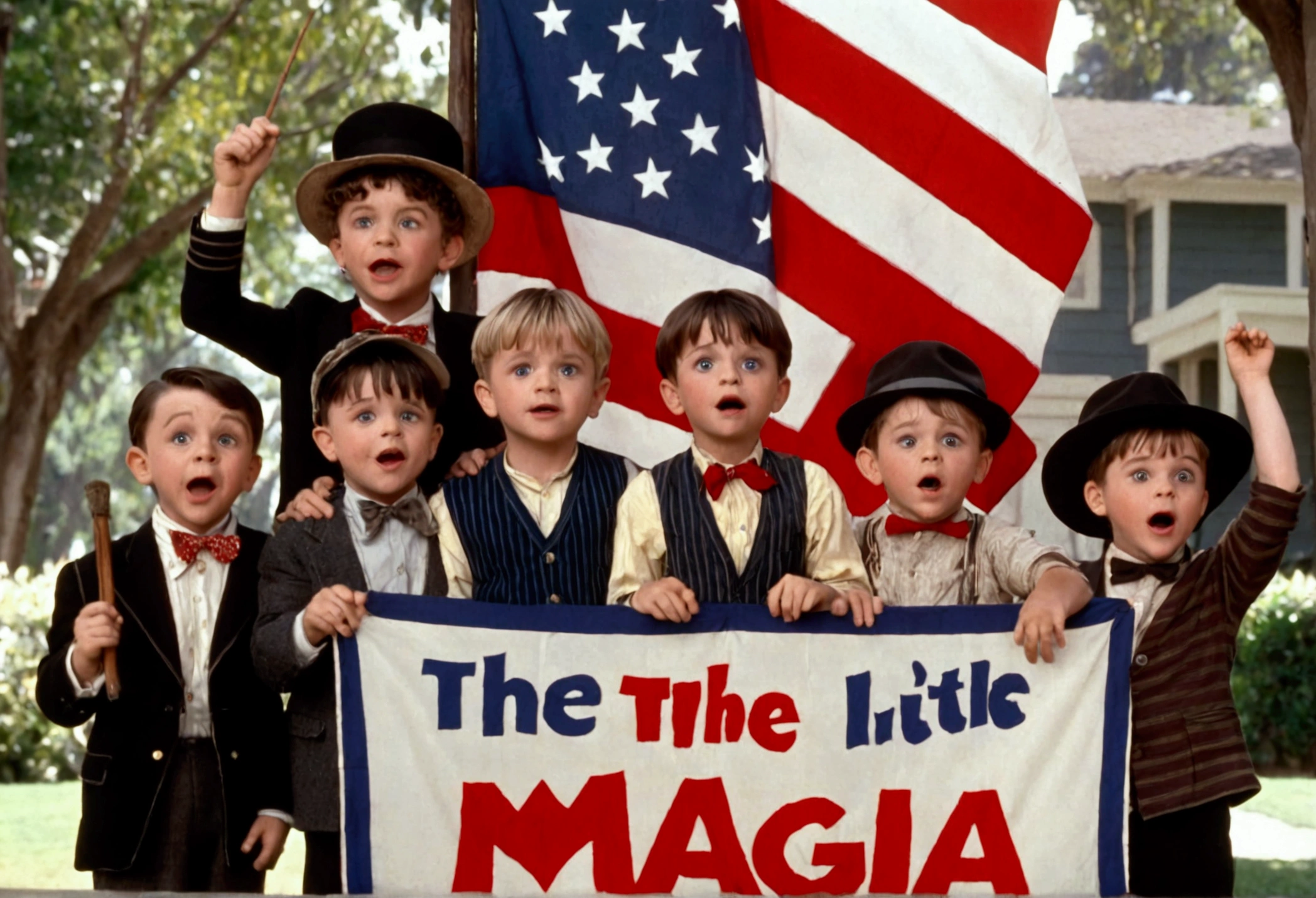 Classic TV, the little rascals, playfully hold up a MAGA banner, An american flag in the background
