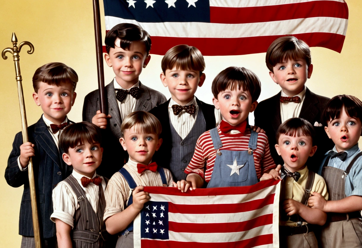 Classic TV, the little rascals, playfully hold up a MAGA banner, An american flag in the background
