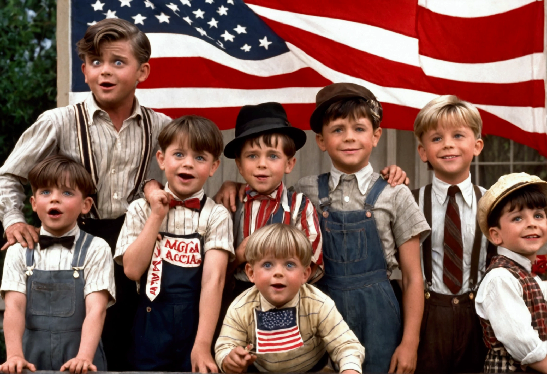 Classic TV, the little rascals, playfully hold up a MAGA banner, An american flag in the background