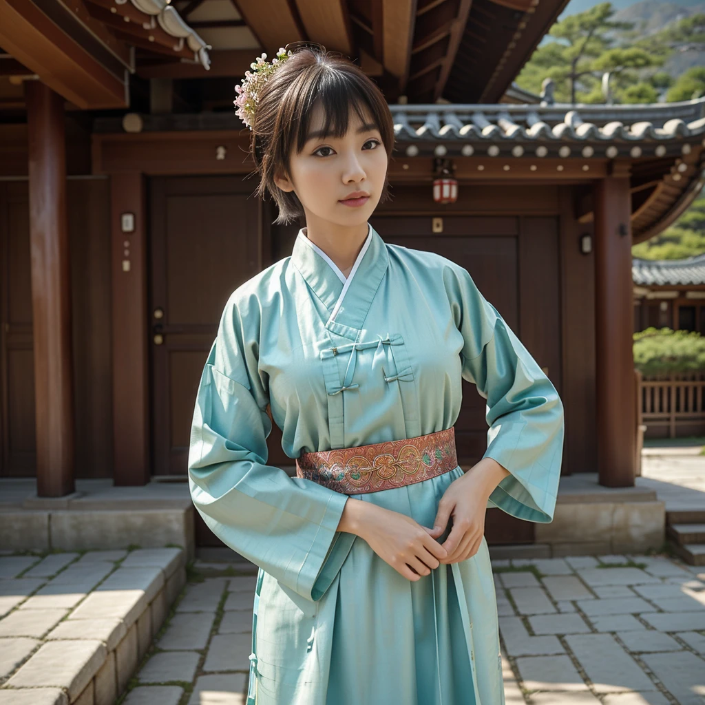 **Theme:** Extreme Sexiness in Traditional Attire (Korean Hanbok)
**Pose & Expression:**
* Ling, a beautiful woman with a playful pixie cut and vibrant highlights, stands confidently in front of a traditional Korean Hanok house.
* She wears a stunning Hanbok dress, emphasizing her curves and exuding extreme sexiness.
* Her pose should be a captivating blend of sensuality and cultural respect, perhaps with a hand gently resting on the Hanok's intricate woodwork.
* Maintain a playful and confident expression on her face.
**Color Palette:**
* Earthy tones with subtle accents, highlighting the traditional elements of the Hanok backdrop. Consider incorporating colors that complement the Hanbok's fabric.
**Background:**
* Set the scene in front of a picturesque Korean Hanok house, capturing its cultural richness. Include architectural details like ornately carved wooden beams, traditional roof tiles, and a serene garden with blooming flowers.
**Wardrobe:**
* Ling is adorned in a luxurious Hanbok dress with intricate embroidery and flowing sleeves. The dress should be form-fitting to emphasize her figure while maintaining a touch of elegance.
**Body Measurements:**
* Include the same body measurements provided for Ling in the previous prompt.
**Hair & Makeup:**
* Maintain Ling's playful pixie cut with vibrant highlights. Enhance her makeup for extreme sexiness while complementing the Hanok backdrop. Consider incorporating subtle touches that reference Korean beauty trends.
**Photo Style:**
* Capture the image in a realistic portrait style, focusing on Ling's features, attire, and the cultural ambiance of the Hanok house.
**Profile Information:**
* Include Ling's name, height, nationality (China), and any additional details that enhance her connection to the theme (e.g., "appreciating Korean culture").
**Additional Specifications:**
* Ray Tracing: 1.3
* Depth of Field: 1.7
* Cinematic Contrast: 1.3
* Cinematic Photo: 1.5
* Cinematic Lighting
* Textured Skin
* 8k Resolut