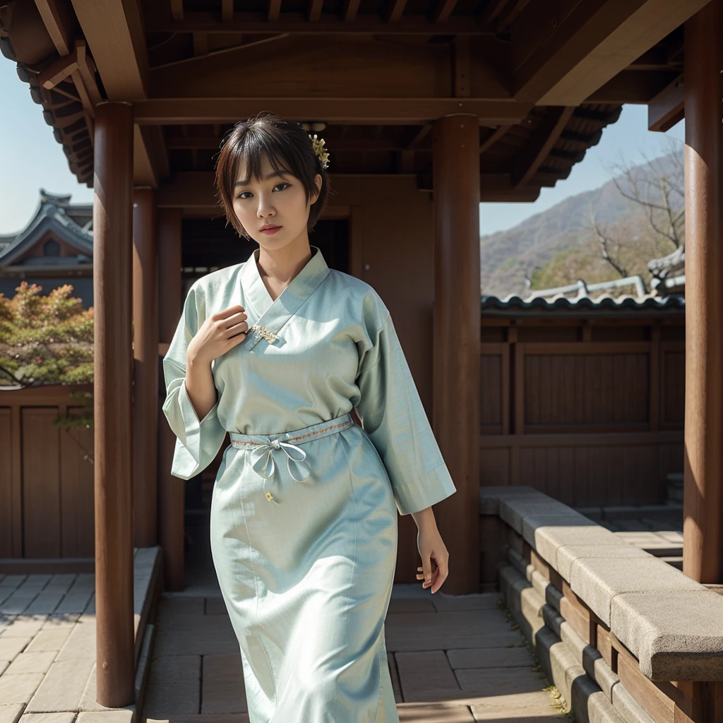 **Theme:** Extreme Sexiness in Traditional Attire (Korean Hanbok)
**Pose & Expression:**
* Ling, a beautiful  woman with a playful pixie cut and vibrant highlights, stands confidently in front of a traditional Korean Hanok house.
* She wears a stunning Hanbok dress, emphasizing her curves and exuding extreme sexiness. 
* Her pose should be a captivating blend of sensuality and cultural respect, perhaps with a hand gently resting on the Hanok's intricate woodwork. 
* Maintain a playful and confident expression on her face.
**Color Palette:**
* Earthy tones with subtle accents, highlighting the traditional elements of the Hanok backdrop. Consider incorporating colors that complement the Hanbok's fabric.
**Background:**
* Set the scene in front of a picturesque Korean Hanok house, capturing its cultural richness. Include architectural details like ornately carved wooden beams, traditional roof tiles, and a serene garden with blooming flowers.
**Wardrobe:**
* Ling is adorned in a luxurious Hanbok dress with intricate embroidery and flowing sleeves. The dress should be form-fitting to emphasize her figure while maintaining a touch of elegance. 
**Body Measurements:**
* Include the same body measurements provided for Ling in the previous prompt.
**Hair & Makeup:**
* Maintain Ling's playful pixie cut with vibrant highlights. Enhance her makeup for extreme sexiness while complementing the Hanok backdrop. Consider incorporating subtle touches that reference Korean beauty trends.
**Photo Style:**
* Capture the image in a realistic portrait style, focusing on Ling's features, attire, and the cultural ambiance of the Hanok house.
**Profile Information:**
* Include Ling's name, height, nationality (China), and any additional details that enhance her connection to the theme (e.g., "appreciating Korean culture").
**Additional Specifications:**
* Ray Tracing: 1.3
* Depth of Field: 1.7
* Cinematic Contrast: 1.3
* Cinematic Photo: 1.5
* Cinematic Lighting
* Textured Skin
* 8k Resolut