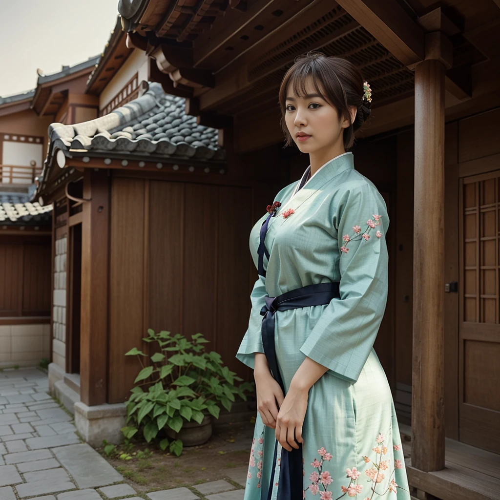 **Theme:** Extreme Sexiness in Traditional Attire (Korean Hanbok)
**Pose & Expression:**
* Ling, a beautiful  woman with a playful pixie cut and vibrant highlights, stands confidently in front of a traditional Korean Hanok house.
* She wears a stunning Hanbok dress, emphasizing her curves and exuding extreme sexiness. 
* Her pose should be a captivating blend of sensuality and cultural respect, perhaps with a hand gently resting on the Hanok's intricate woodwork. 
* Maintain a playful and confident expression on her face.
**Color Palette:**
* Earthy tones with subtle accents, highlighting the traditional elements of the Hanok backdrop. Consider incorporating colors that complement the Hanbok's fabric.
**Background:**
* Set the scene in front of a picturesque Korean Hanok house, capturing its cultural richness. Include architectural details like ornately carved wooden beams, traditional roof tiles, and a serene garden with blooming flowers.
**Wardrobe:**
* Ling is adorned in a luxurious Hanbok dress with intricate embroidery and flowing sleeves. The dress should be form-fitting to emphasize her figure while maintaining a touch of elegance. 
**Body Measurements:**
* Include the same body measurements provided for Ling in the previous prompt.
**Hair & Makeup:**
* Maintain Ling's playful pixie cut with vibrant highlights. Enhance her makeup for extreme sexiness while complementing the Hanok backdrop. Consider incorporating subtle touches that reference Korean beauty trends.
**Photo Style:**
* Capture the image in a realistic portrait style, focusing on Ling's features, attire, and the cultural ambiance of the Hanok house.
**Profile Information:**
* Include Ling's name, height, nationality (China), and any additional details that enhance her connection to the theme (e.g., "appreciating Korean culture").
**Additional Specifications:**
* Ray Tracing: 1.3
* Depth of Field: 1.7
* Cinematic Contrast: 1.3
* Cinematic Photo: 1.5
* Cinematic Lighting
* Textured Skin
* 8k Resolut