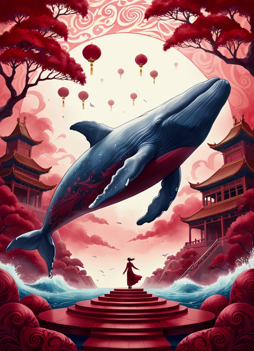 (Flying Whale), reaching the critical point of China Red shown as Burgundy Red fractal shapes blending together, in Ethereal Watercolor style, with dreamy washes, full body, award-winning, cinematic still, emotional, vignette, dynamic, vivid, (masterpiece, best quality, Professional, perfect composition, very aesthetic, absurdres, ultra-detailed, intricate details:1.3)