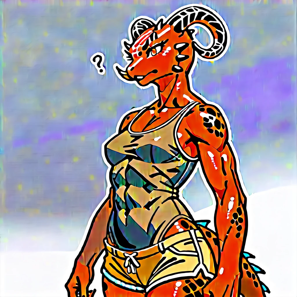 Solo, score_9,score_8_up,score_7_up, aegis, kemono style, Anthro reptile girl, snout, all red skin, red eyes, white sclera, black lips, black horns, black ram horns, red tail, black lips, small sized chest, tall, brown shirt, brown shorts, hunched over, confused expression, mouth open, looking to her right