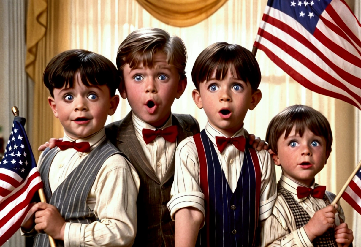 Classic TV, the little rascals, playfully hold up a MAGA banner, An american flag in the background