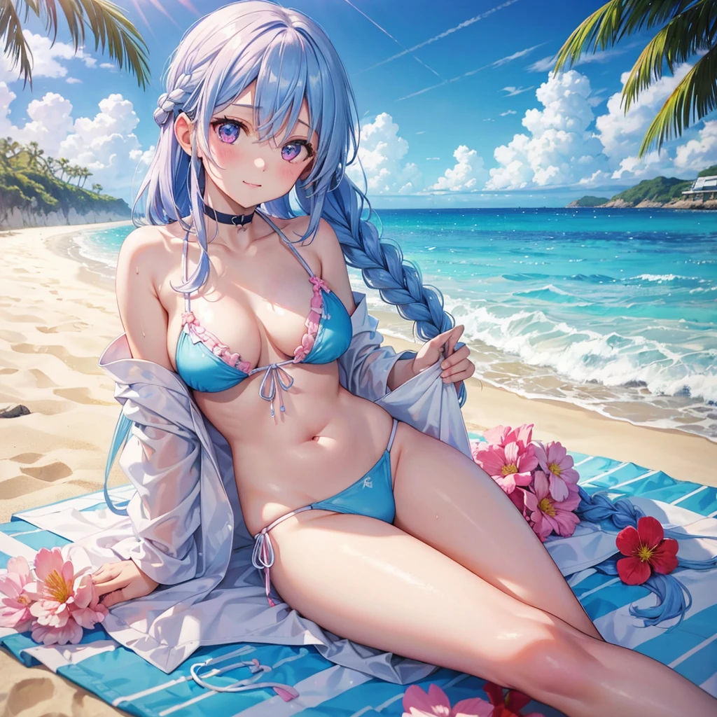 (Sky blue braided hair)、Pink Eyes、Fair skin、(whole body)、(One Girl)、bikini、Shining white sand beach in midsummer、Okinawa'Ocean、Happy smile、、(masterpiece、Highest quality、Very detailed、Best Shadow)、(Detailed Background)、(Beautifully detailed face)、High Contrast、(Best lighting、Very delicate and beautiful)、((Cinematic Light))、colorful、Hyper Detail、Dramatic Light、Exquisite detail、Jump and have fun