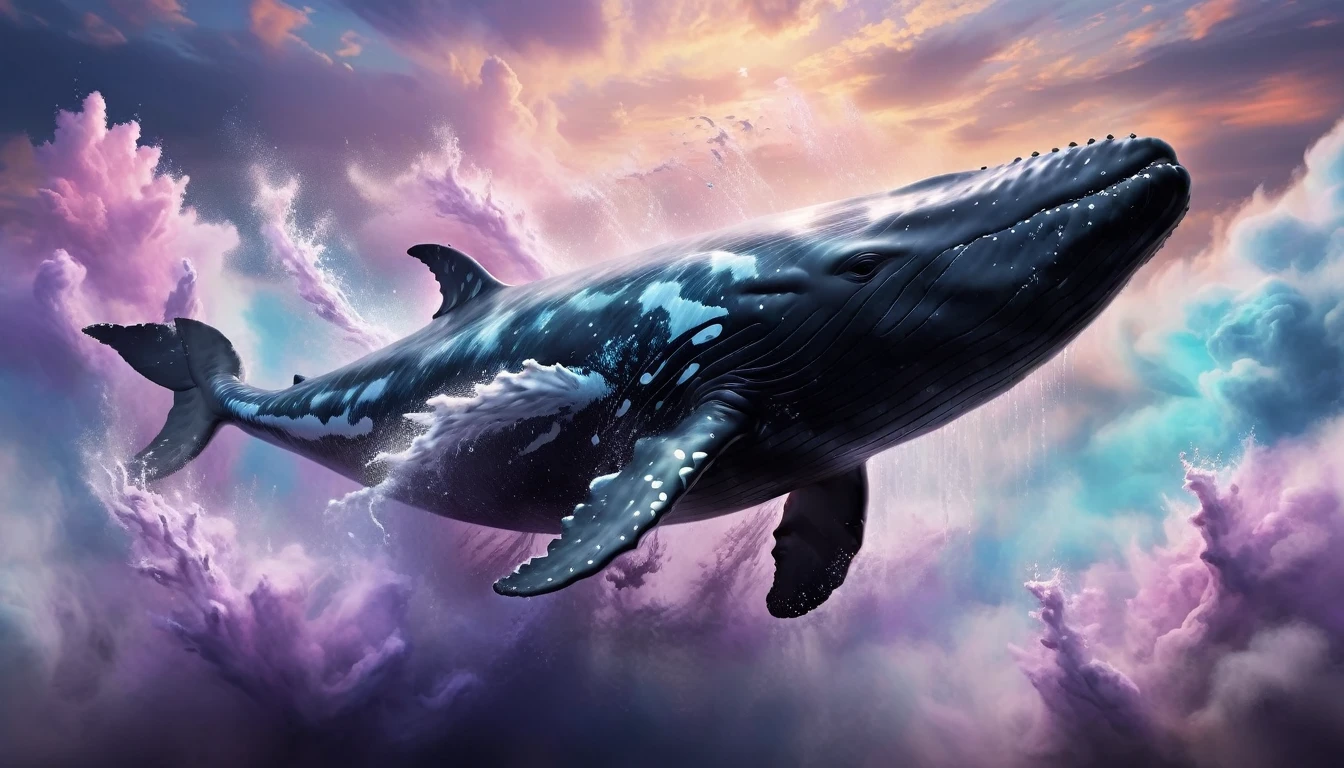 A floating whale, majestic and ethereal, soaring through a dreamscape sky, (best quality,8k,highres,masterpiece:1.2),ultra-detailed,realistic,photorealistic,photo-realistic:1.37,concept art,digital painting,dramatic lighting,dramatic cloudy sky,soft pastel colors,bioluminescent glowing markings on the whale's body,intricate detailed texture on the whale's skin,a sense of weightlessness and wonder