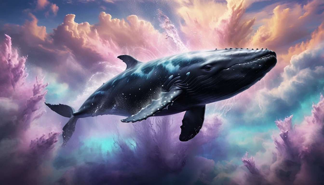 A floating whale, majestic and ethereal, soaring through a dreamscape sky, (best quality,8k,highres,masterpiece:1.2),ultra-detailed,realistic,photorealistic,photo-realistic:1.37,concept art,digital painting,dramatic lighting,dramatic cloudy sky,soft pastel colors,bioluminescent glowing markings on the whale's body,intricate detailed texture on the whale's skin,a sense of weightlessness and wonder