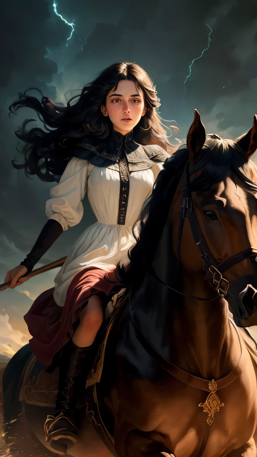 ((best quality)), ((masterpiece)), (detailed), A digital illustration of a  long black haired woman riding a dark black horse towards a cliff at night with a stormy sky in the background. She is wearing a full sleeves white dress and has a look of fear on her face.