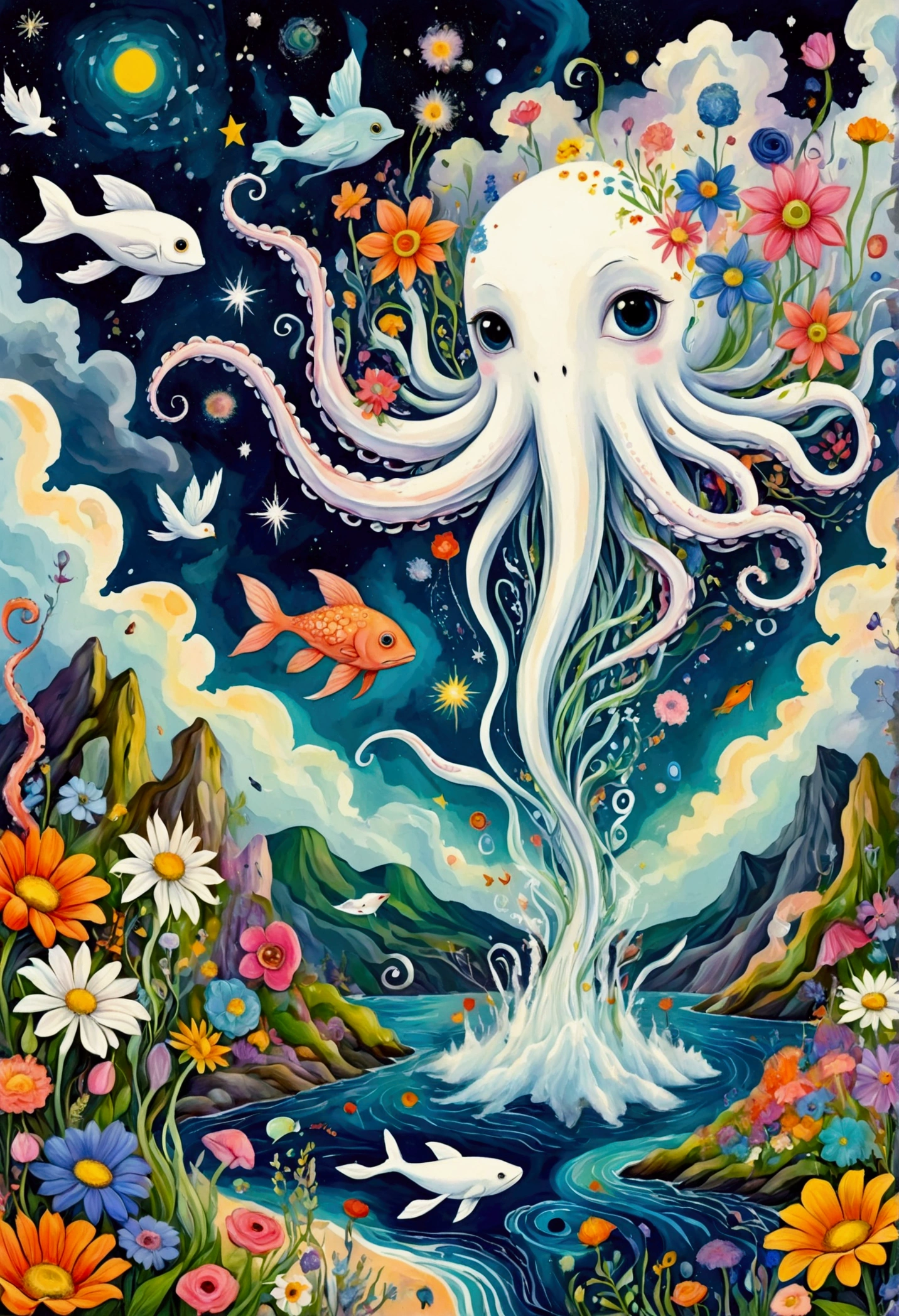 a child's whimsical doodle, thick impasto texture, oil pastel brushstrokes, an artist from the stars, a joyful child, flying white whale:1.37, erupting clouds, flowers, fish, octopus tentacles waterfall, birds, eyes, diatoms, collage abstract painting, depicting the inner world of an autistic person, large white areas, whimsical, innocent, hallucinatory, psychedelic art, dark starry sky