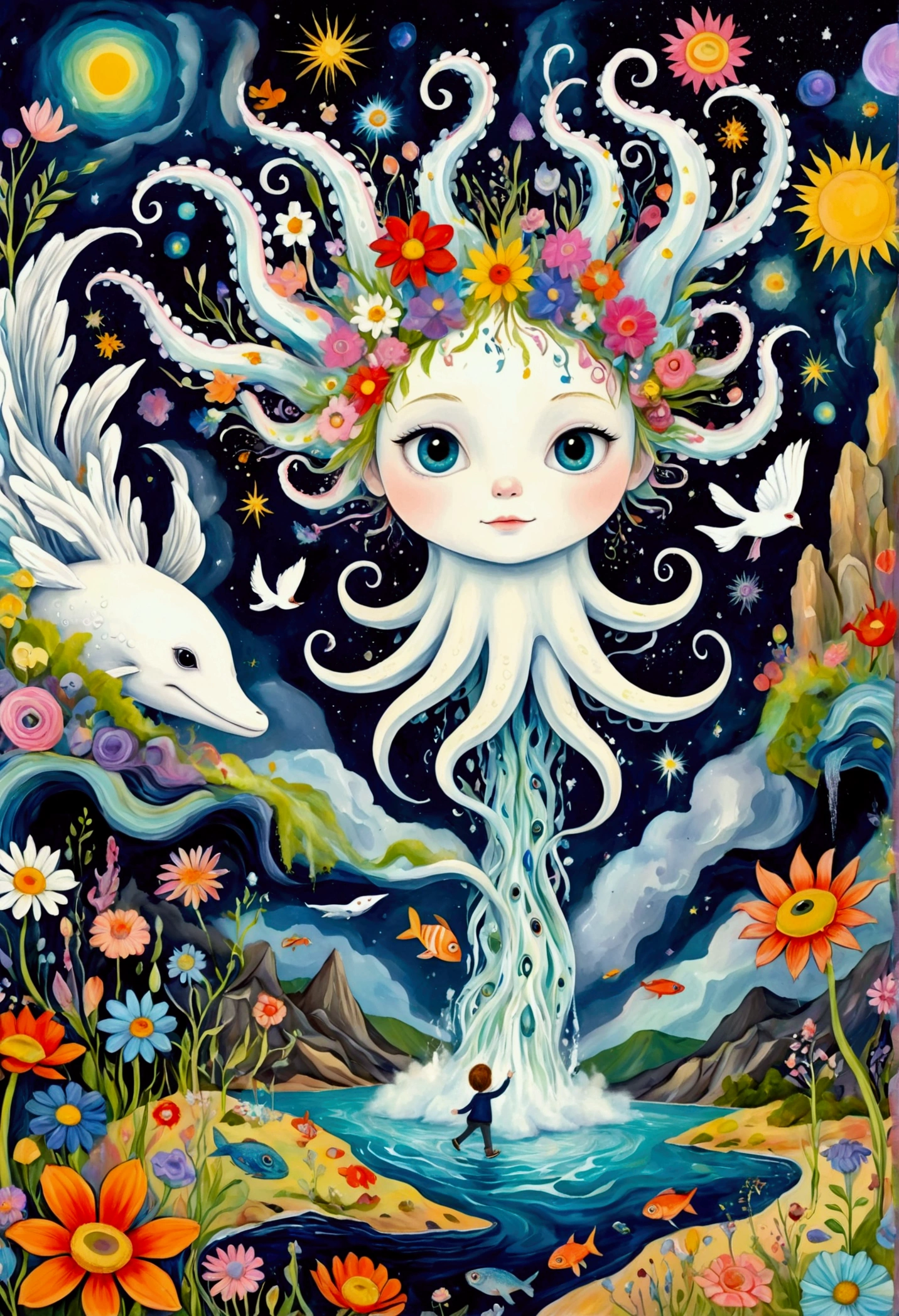 a child's whimsical doodle, thick impasto texture, oil pastel brushstrokes, an artist from the stars, a joyful child, flying white whale:1.37, erupting clouds, flowers, fish, octopus tentacles waterfall, birds, eyes, diatoms, collage abstract painting, depicting the inner world of an autistic person, large white areas, whimsical, innocent, hallucinatory, psychedelic art, dark starry sky