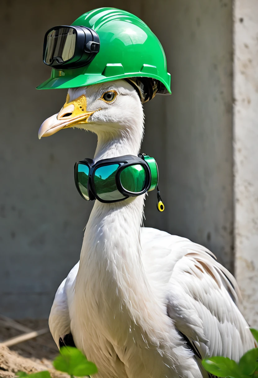 The animal Cygnus olor with a safety helmet and green inspector&#39;s vest 