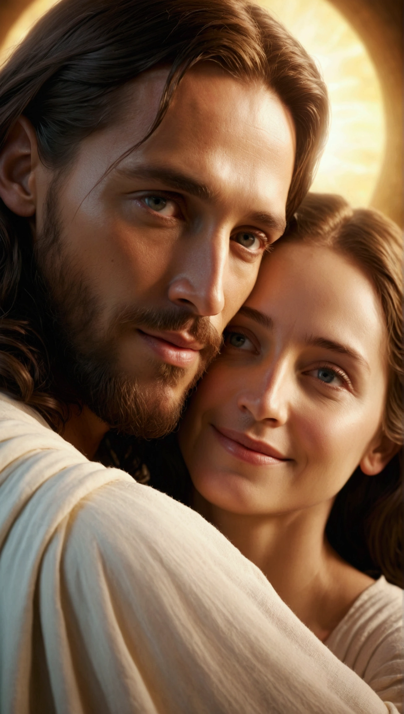 create a photograph Captivating, cinematic scene of Jesus embracing a woman. Jesus, with a gentle smile, embraces her and comforts her with compassion. Jesus exudes a divine light that illuminates women, Photographic, Cinematic, Perfect Eyes, Perfect Skin, Intricate Details, Realistic Image, Dynamic Lighting, Hyper-Detailed, Ultra-Realistic, Realistic Textures, 4K Photorealism.Less