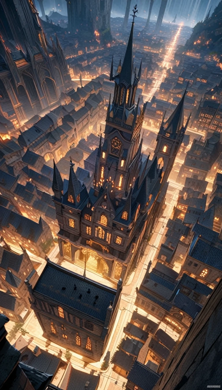 anime aestetics, anime scenery, unerground city, medieval city, shining celling, blue, grey and white colours, mystic city, gothic architecture, multy leveled city, elden ring, dark fantasy, dnd, beautiful scenery, nokron, dim light, white candles, wide shot, from above, atmospheric perspective, perspective, highres, best quality, 8k, super detail, masterpiece