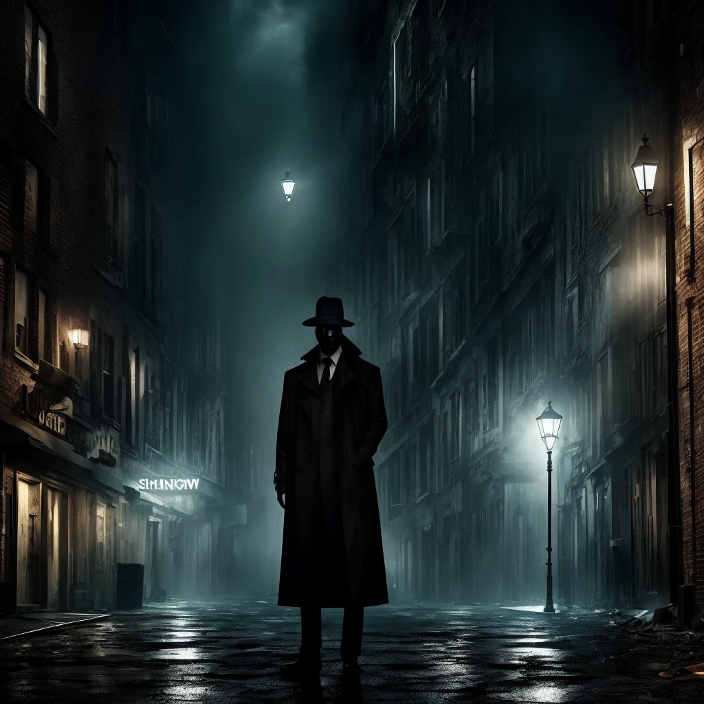 a dark and ominous logo featuring a shadowy figure in a trench coat holding a magnifying glass, standing under a dim streetlight with blood splatters in the background, an eerie, deserted alley with mist rolling in, a chilling and suspenseful atmosphere with a sense of lurking danger, Illustration, digital art with high contrast and sharp details, --ar 1:1 --v 5