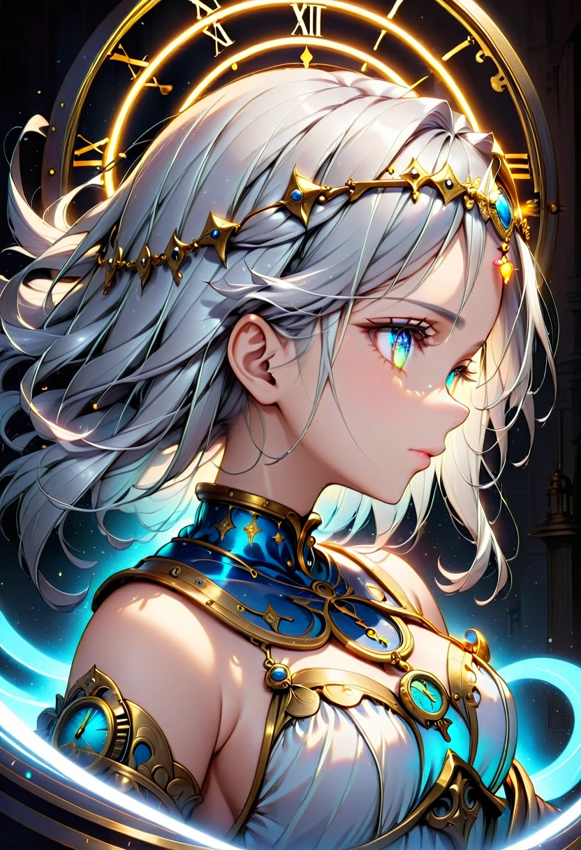 goddess、Eyes tinged with melancholy、profile、Silver Hair、Circlet、Neon-like light、The background is a close-up of an old clock、Bust Shot、The background is lit from above