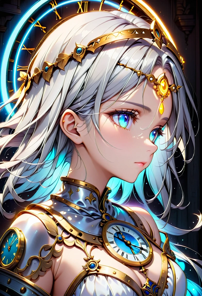 goddess、Eyes tinged with melancholy、profile、Silver Hair、Circlet、Neon-like light、The background is a close-up of an old clock、Bust Shot、The background is lit from above