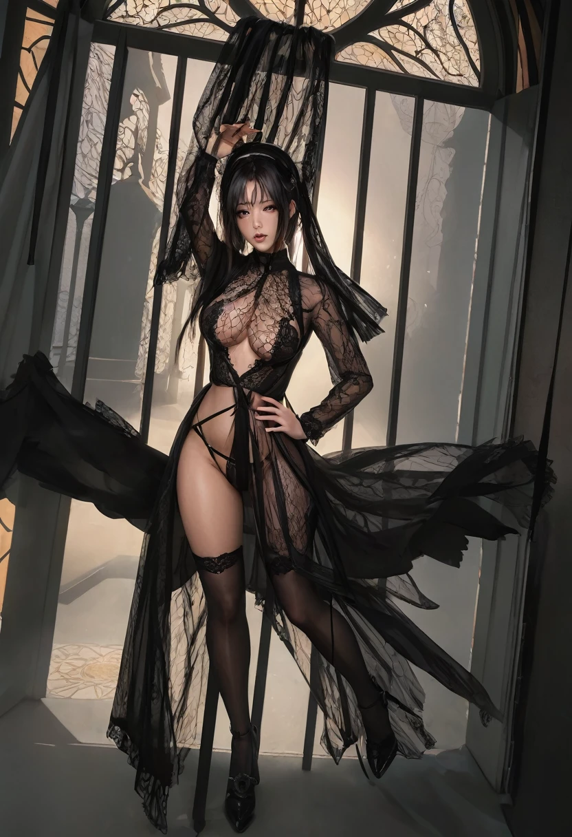 araffe dressed in a black lingerie and stockings posing in front of a window, artwork in the style of guweiz, guweiz, seductive cyberpunk dark fantasy, guweiz on pixiv artstation, guweiz masterpiece, guweiz on artstation pixiv, trending on cgstation, wlop |, loish and wlop