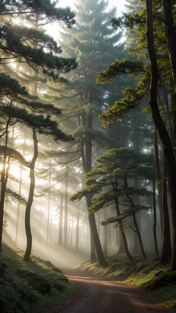 In the forest shrouded in mystical morning mist、Light is a tree々A fantastic scene coming through the gap
