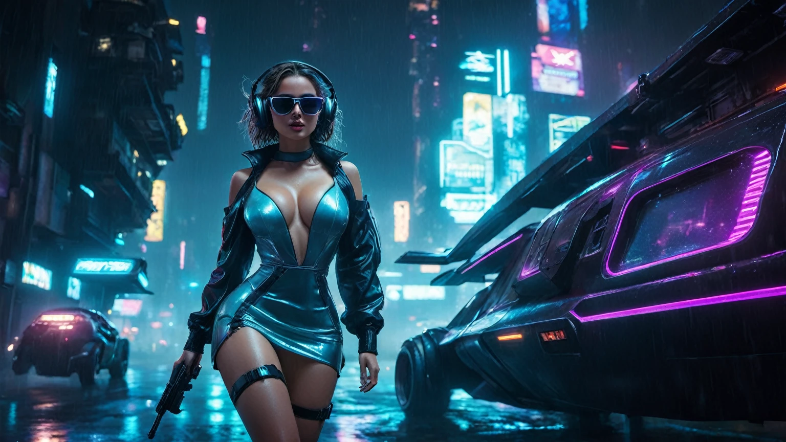 (aerial view, a flying cars docking platform, a very dark abandoned futuristic city, neon lights), rainy night. 1girl, solo, alone, large-breast:1.2 slim body, cleavage:1.1, sexy wind blowing wet dress:1.4, (headphone, black sunglasses), (she raised a pistol:1.8 and took aim), dynamic pose, (((half-body thigh level medium shot))), cinematic lighting, lens flare, ray tracing.