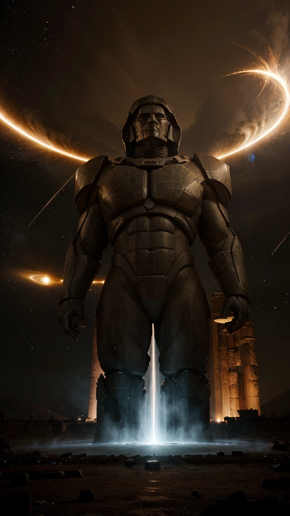 A highly developed civilization builds Baalbek, extraterrestrial giant beings performing a ritual, a celestial singularity, energy fields