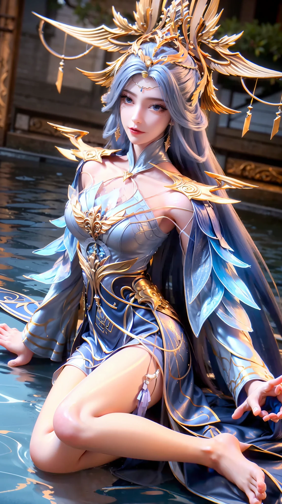 一个女孩躺在Starry Sky下的床上, Exquisite smile, Beautiful and delicate eyes, Beautiful and delicate lips, Extremely delicate face and eyes, Long eyelashes, Sexy body, Flowing hair, Best image quality, Famous works, Ultra-high resolution, (Practical :1.4), original photo, (Pretty Face :1.2), (Lying on the water :1.5), 1 girl, (Surreal), (8K), (4K), Physical Rendering, Starry Sky, ((full-body shot)), barefoot, Cross-legged, Wearing a dress