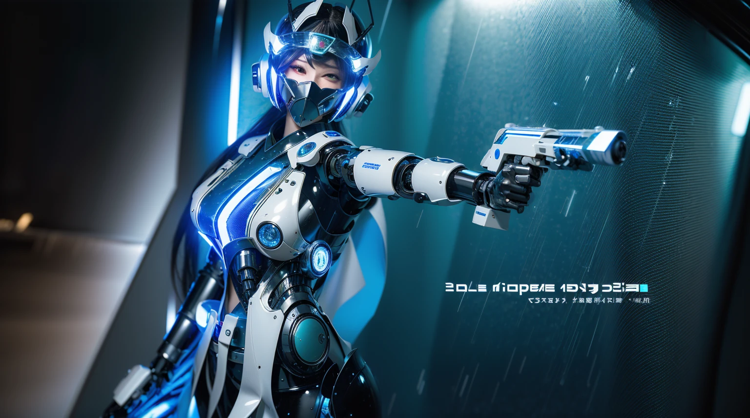 Super Detail, High Detail, high quality, best quality, High resolution，A robot policewoman，Beautiful female robot,beautiful clear face(Rain waves_haneame：1.5)，mechanically constructed body，Combat style machine armor，High-tech armor，Transparent eye mask