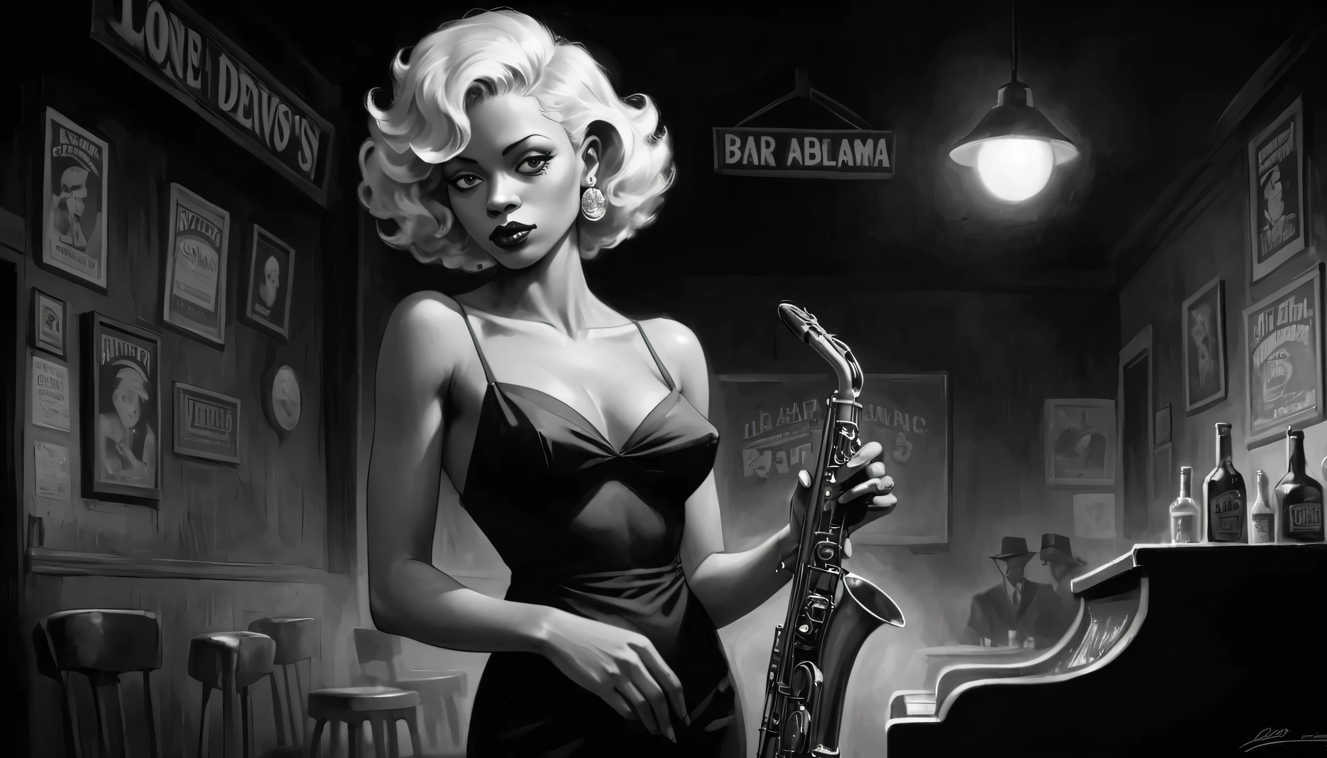 robert johnson, gritty, alabama bar, blue note, charismatic, illustration, bw, noir fantasy, lone blonde lady, saxophonist