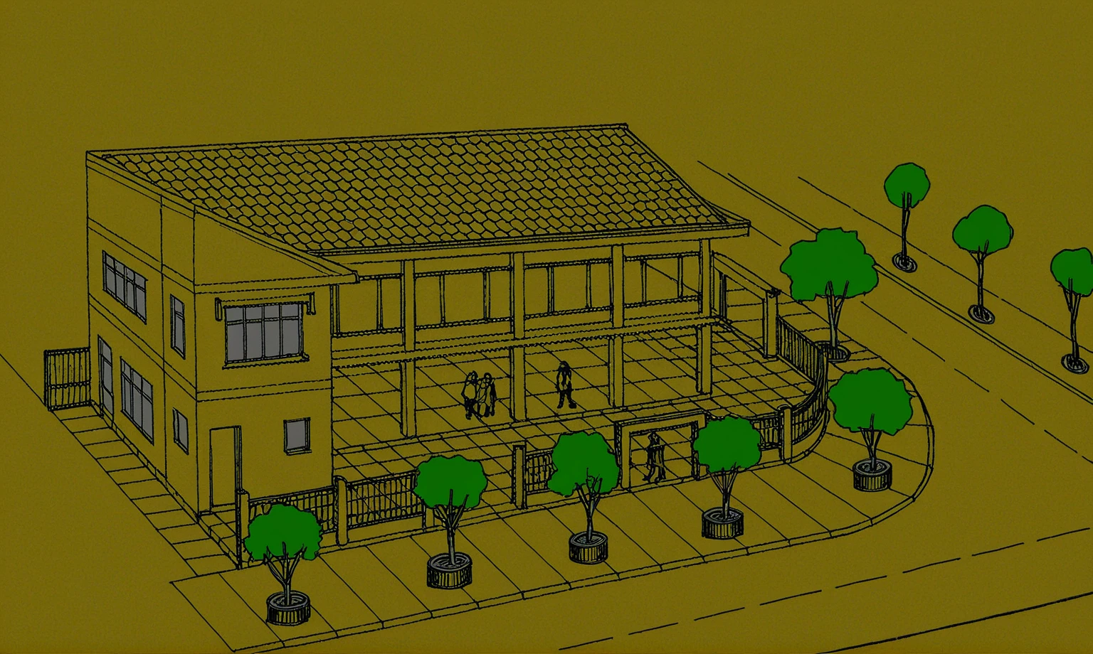 un dessin d'un bâtiment avec beaucoup de monde dans la rue, vue isométrique, vue de perspective, isometric vue de perspective, image dessinée, image conceptuelle, impression d'artistes, un rendu numérique, 3 / 4 vues, 3/4 vues, Dessin de la cour, dessin conceptuel, vue de face, vue isométrique from behind, prise de vue extérieure, Impression d'artiste, concept architectural
