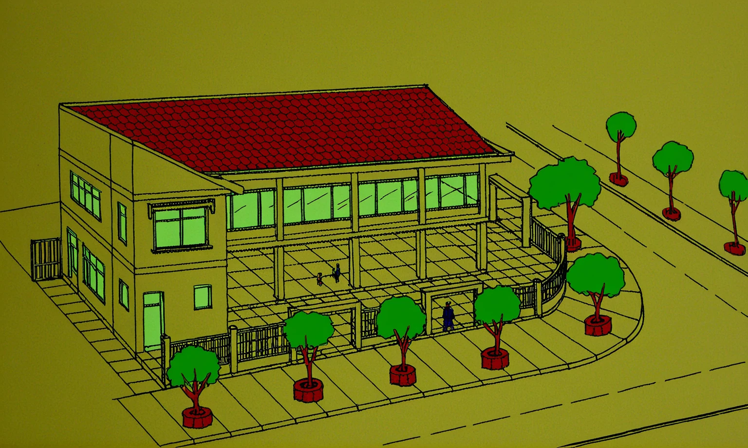 un dessin d'un bâtiment avec beaucoup de monde dans la rue, vue isométrique, vue de perspective, isometric vue de perspective, image dessinée, image conceptuelle, impression d'artistes, un rendu numérique, 3 / 4 vues, 3/4 vues, Dessin de la cour, dessin conceptuel, vue de face, vue isométrique from behind, prise de vue extérieure, Impression d'artiste, concept architectural