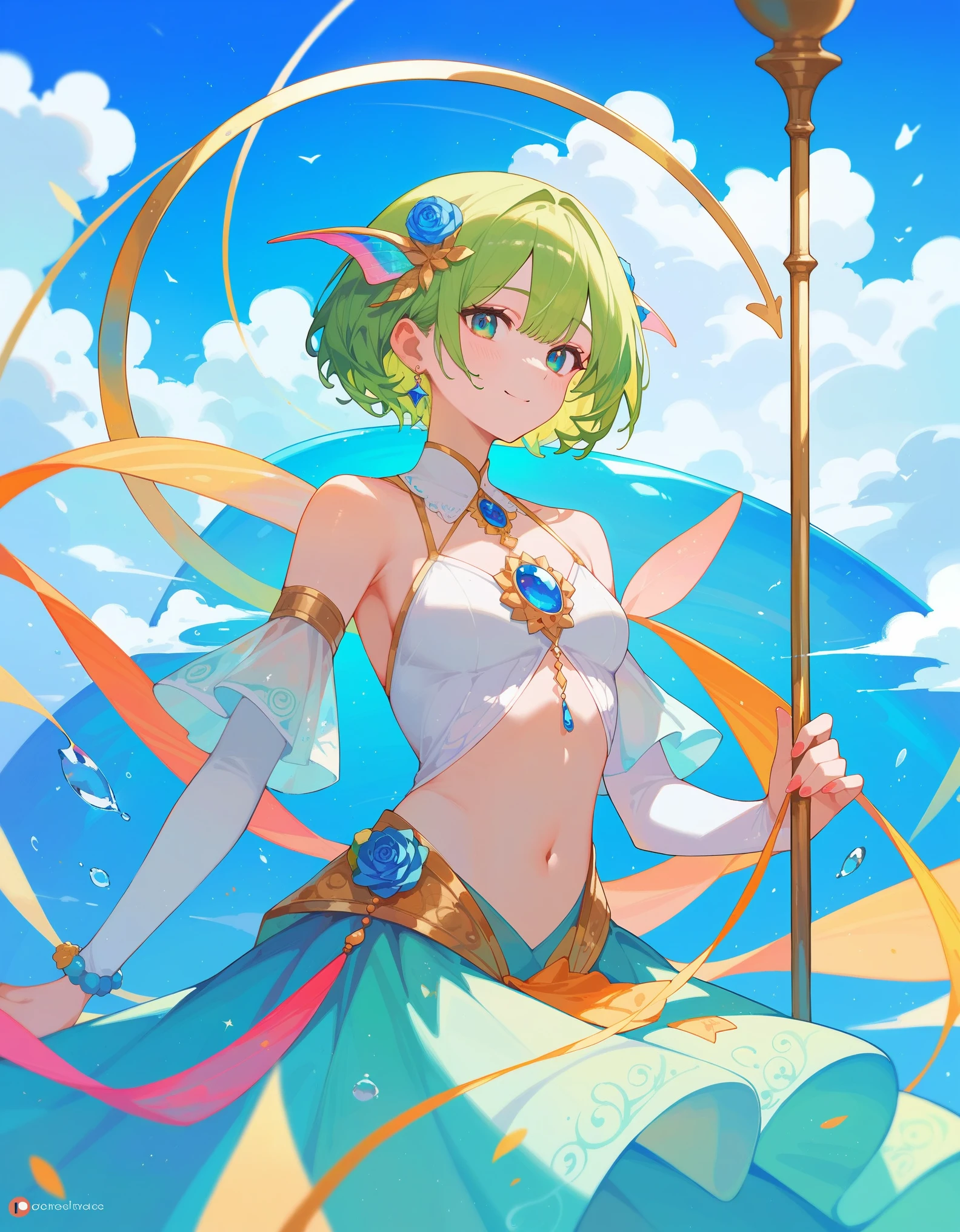 Girl with short green hair, Small breasts, Green Eyes, White Casual Wear Beauty Special、((((tits)))),Full body photo from head to toe、Belly dance、Dancer、National costume、See-through、Angle Shot、Decoration、Luxury accessories、Face Veil