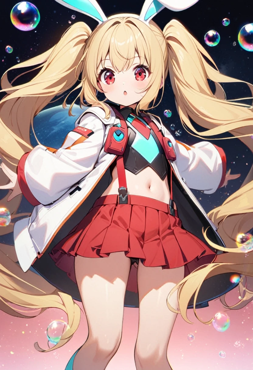 1girl, ,little_girl,ruby, blonde hair, twintails, bangs, red eyes, very long hair, crystal bunny ears, futuristic rabbit ears, wide sleeves, very short jacket, open jacket, white jacket, suspenders, futuristic outfit, bubbles, a space background in the background, 1girl, solo, skirt, blonde hair, long hair, navel, very long hair, white background, pleated skirt, long sleeves, cute, 