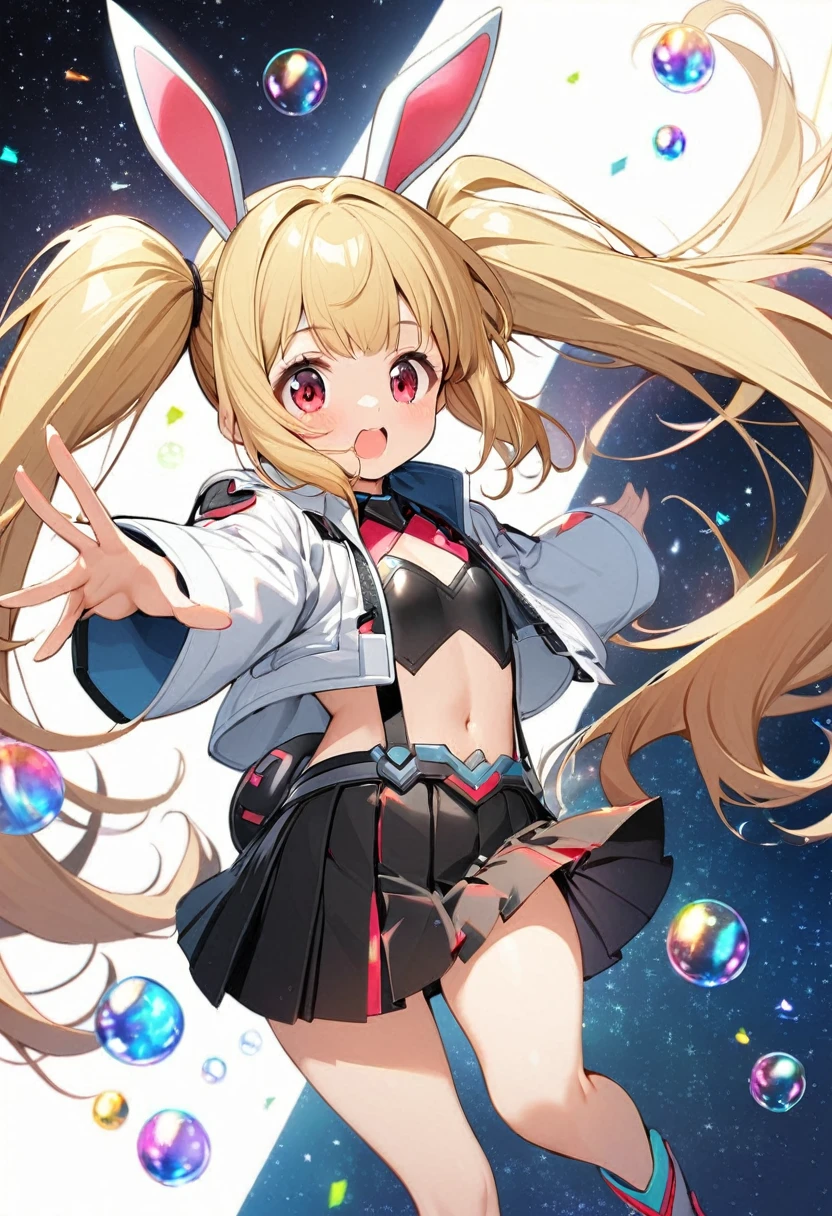 1girl, ,little_girl,ruby, blonde hair, twintails, bangs, red eyes, very long hair, crystal bunny ears, futuristic rabbit ears, wide sleeves, very short jacket, open jacket, white jacket, suspenders, futuristic outfit, bubbles, a space background in the background, 1girl, solo, skirt, blonde hair, long hair, navel, very long hair, white background, pleated skirt, long sleeves,