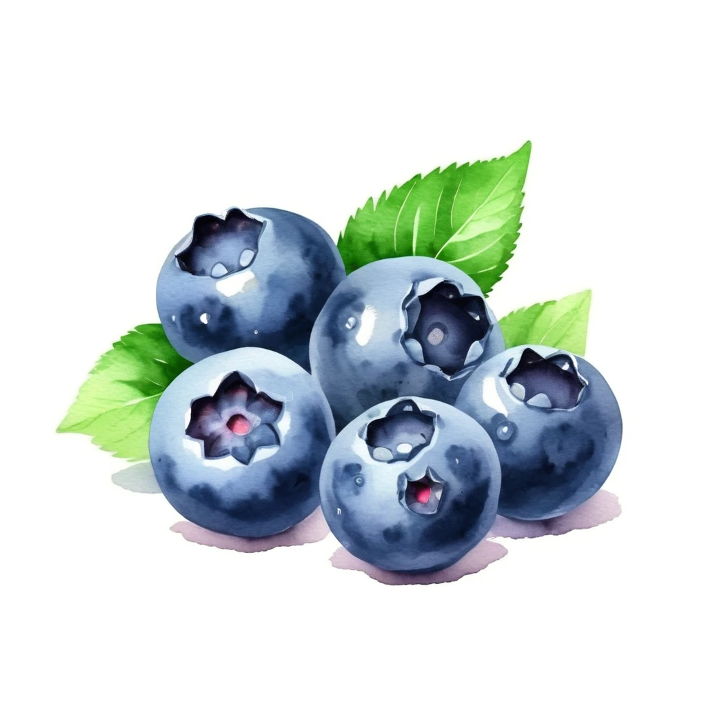 Bluberry fruit in watercolor style, against solid white isolated color
