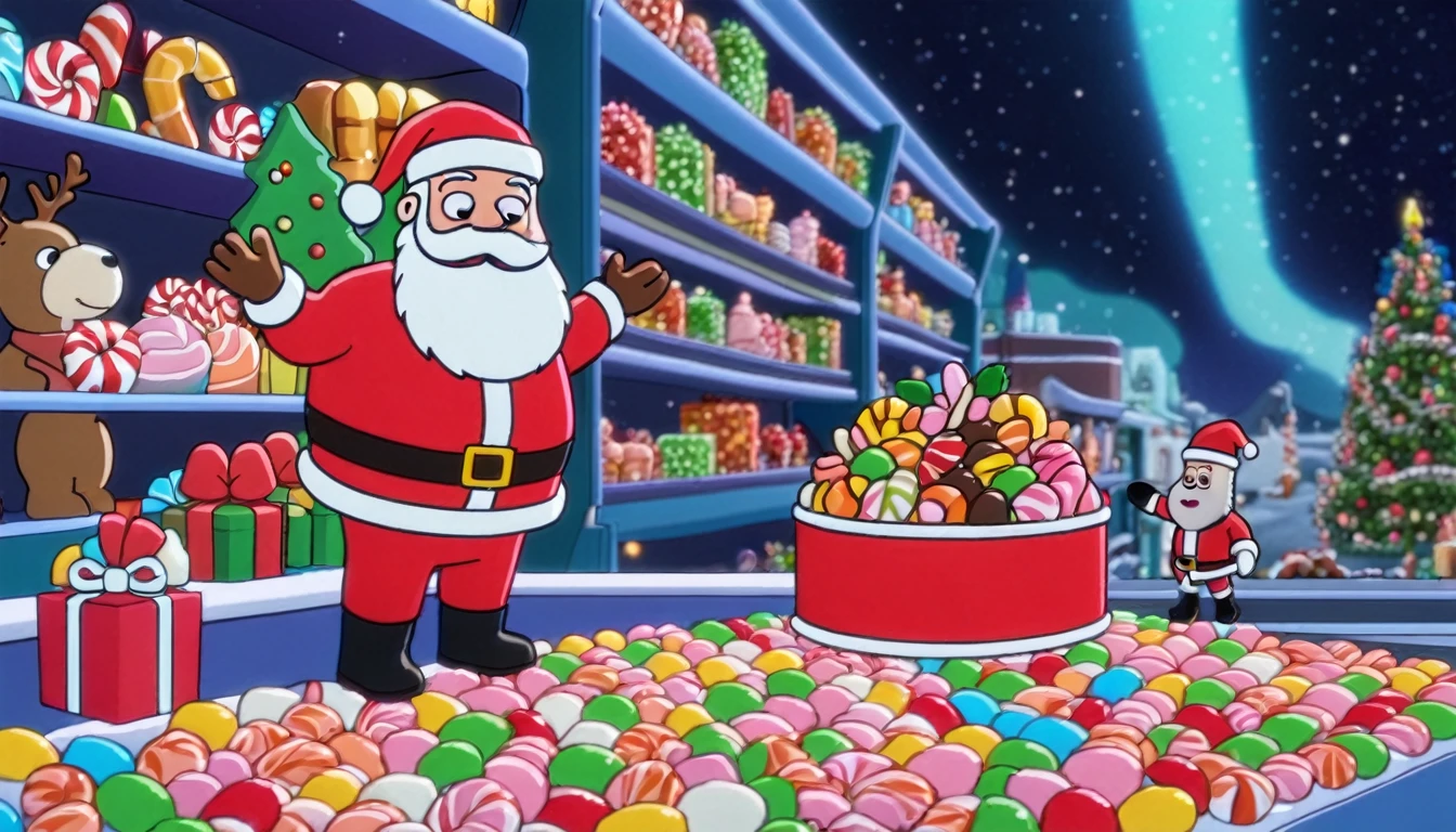 Christmas, Santa Claus, Toy factory, wide shot,made of Christmas sweets, no human, no animals, masterpiece,beautiful, 8k.