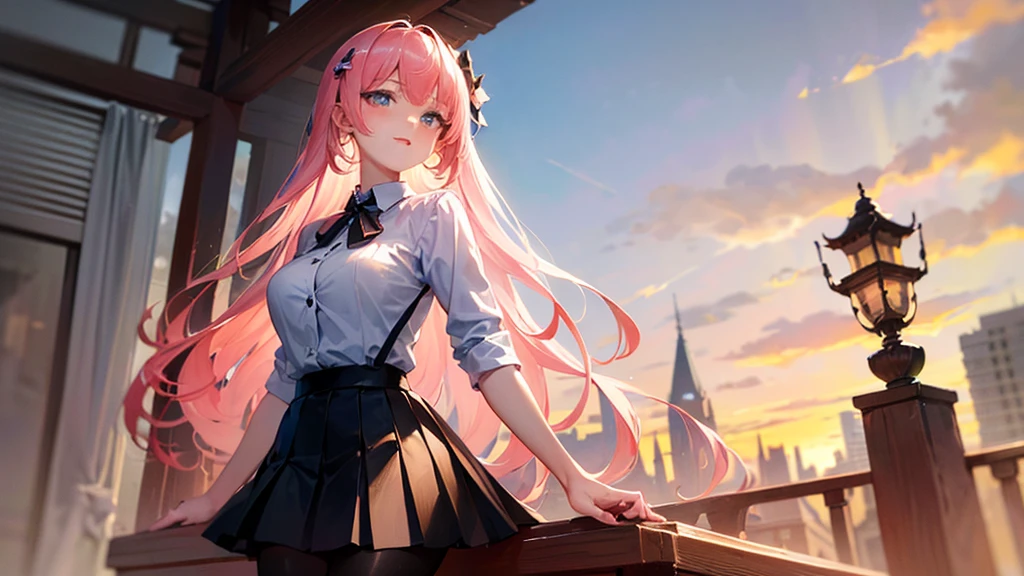 (finely detailed beautiful eyes and detailed face,masterpiece sidelighting,masterpiece,best quality,detailed,high resolution illustration),
(1girl,whole body,bishoujo,lustrous skin,looking down,looking at viewer),
(sky pink hair,Blue eyes,short skirt,ribbon,button shirt)、tits、Beautiful fingers、Black lace pants