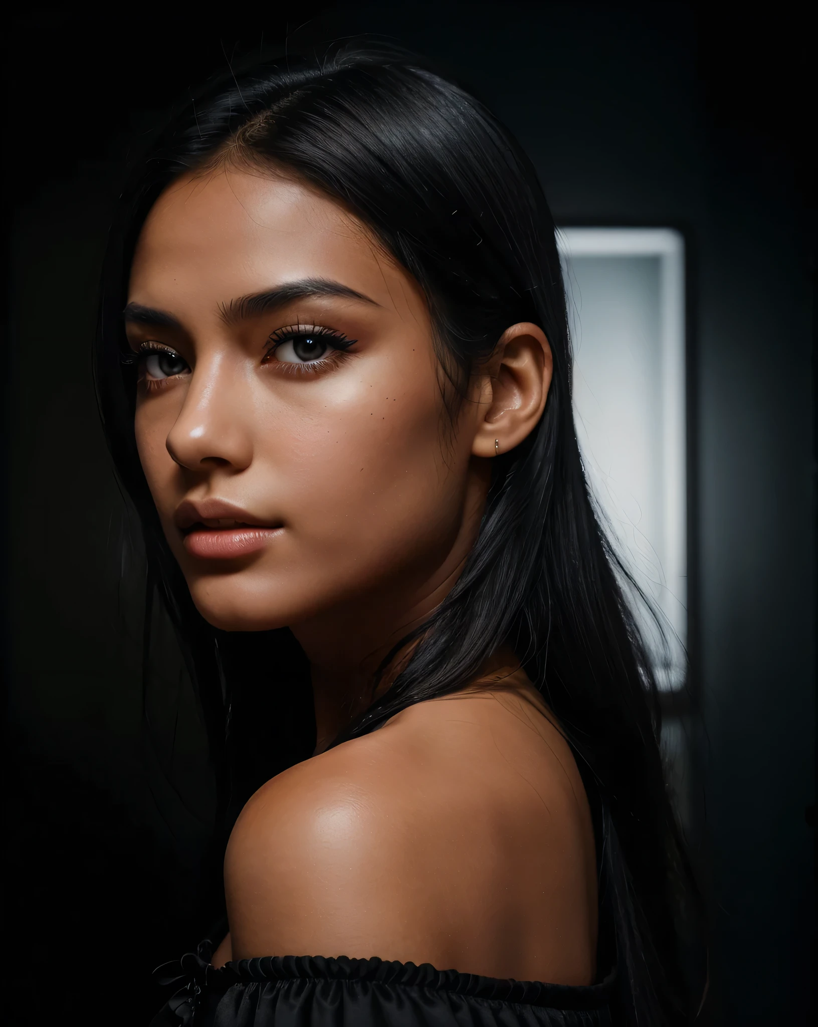 young woman, skin black, blackquality hair, dark shaped eyes, glare eyes, side profile of the face, face detailed, light brightening the face, black background with details, redgown, bluor.