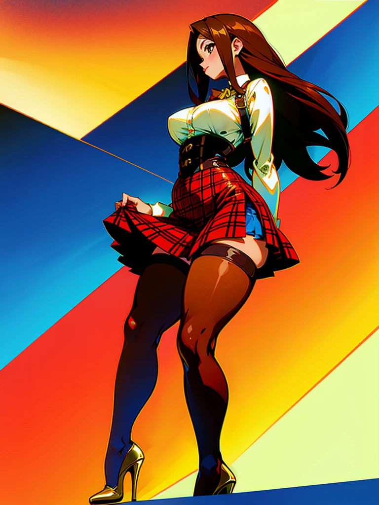 High quality Anime latina, brown hair, brown skin, very curvy, (skinny), hourglass, wide hips, massive thick thighs, wearing plaid micro skirt, stockings and high heels