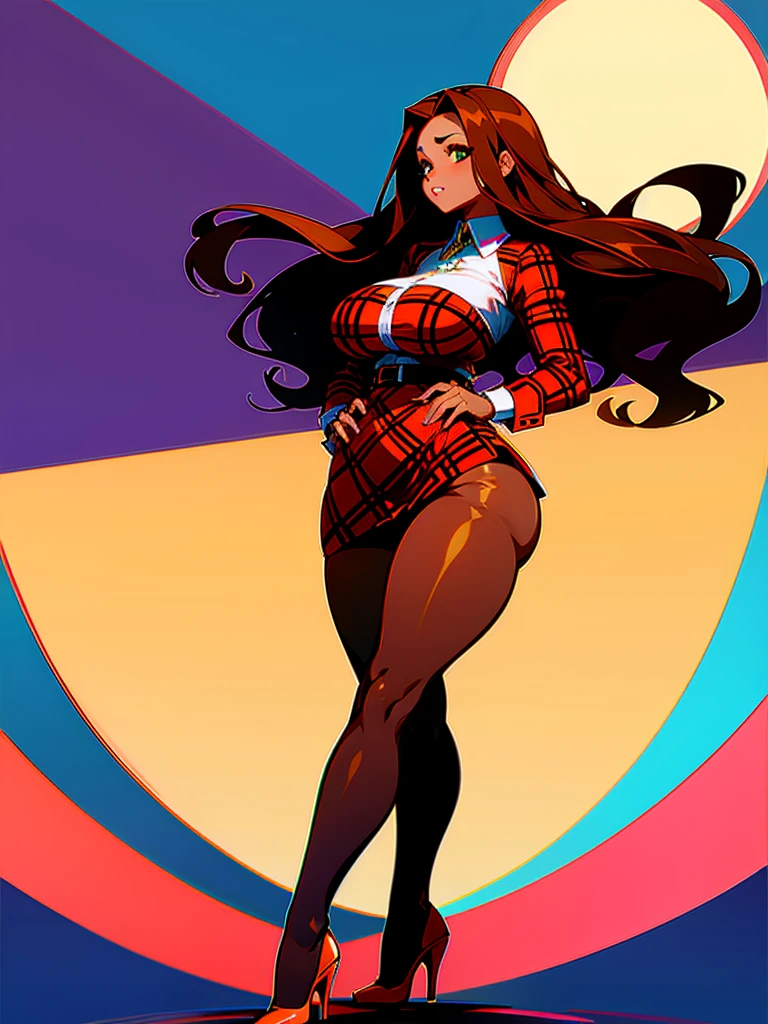 High quality Anime latina, brown hair, brown skin, very curvy, (skinny), hourglass, wide hips, massive thick thighs, wearing plaid micro skirt, stockings and high heels