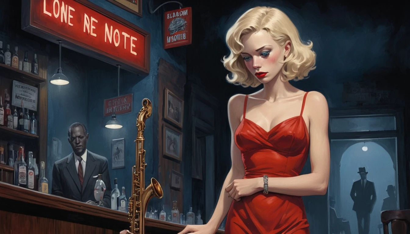robert johnson, gritty, alabama bar, blue note, charismatic , red dress, illustration, noir fantasy, lone blonde lady, sad ending, saxophonist