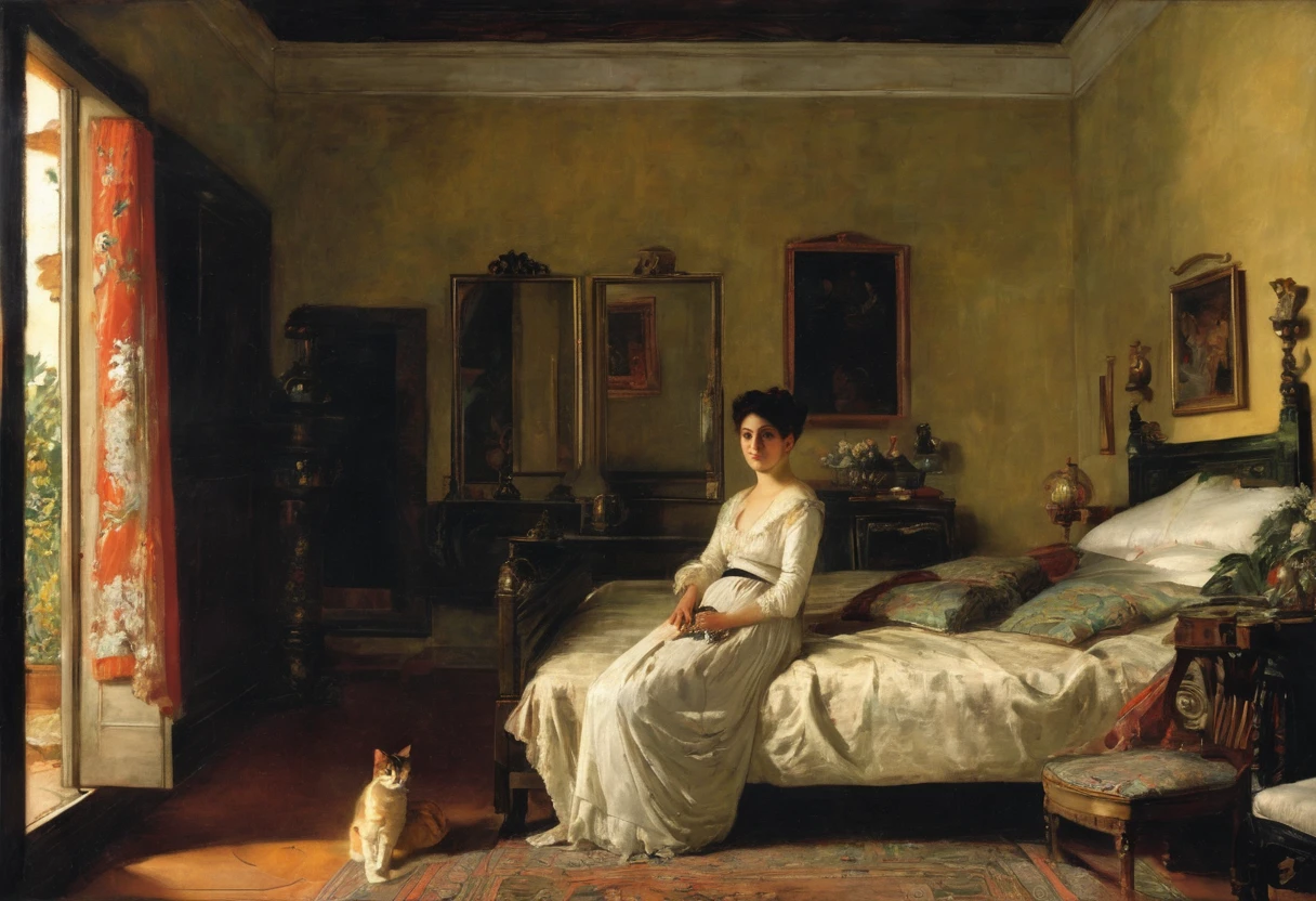 Painting A woman in a bedroom sitting on a bed with a cat, Girolamo Induno, Philippe de Laszlo, ‘In a bedroom, early morning’, Juan Luna, Eugene von Guerard, Emanuel Leitze, Maria Fortuny, Antonio Galli Bibiena, Antonio Cisieri, Pascal Dagnan-Bouveret