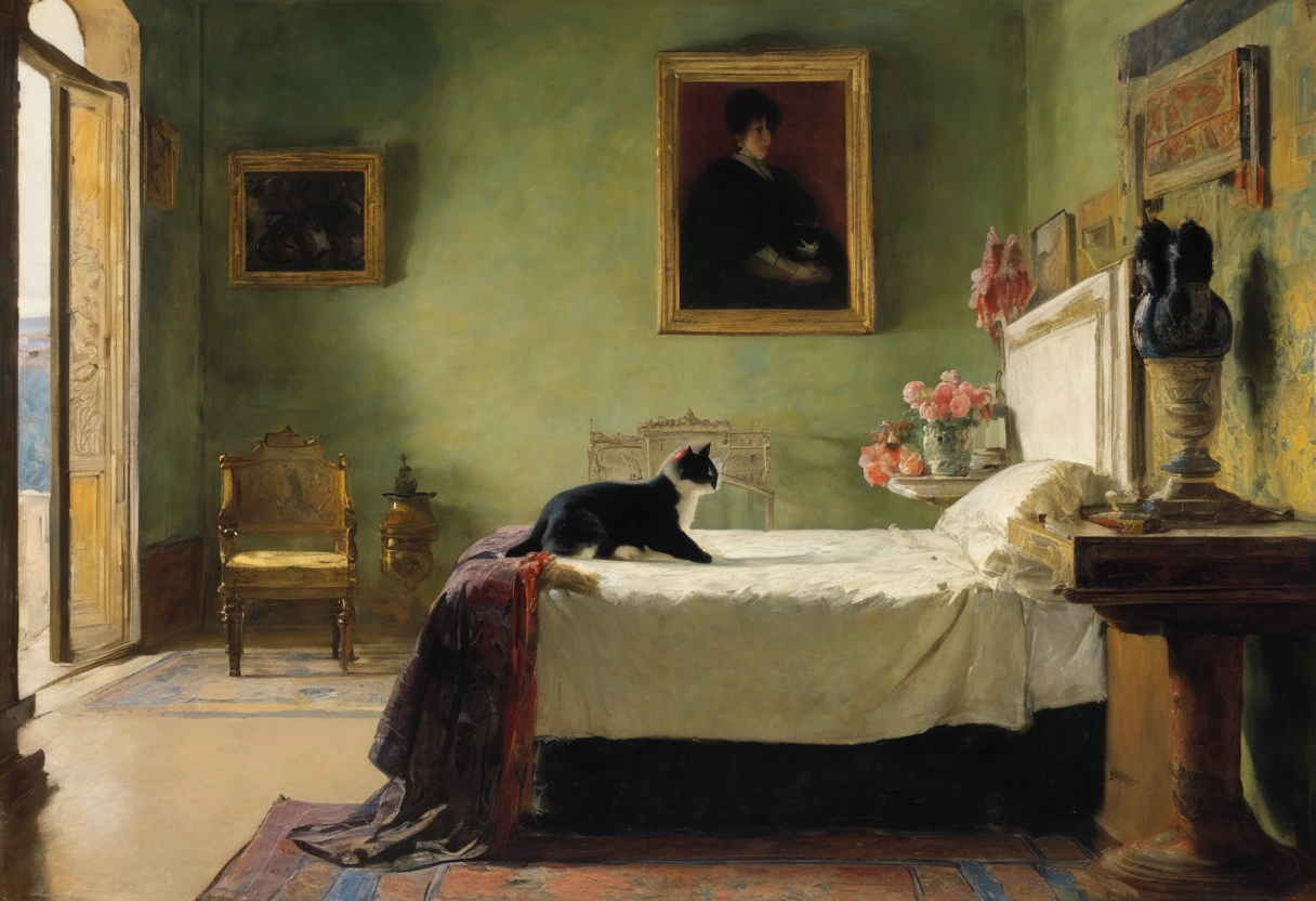 painting of a cat sitting on a chair next to a table with a vase of flowers, catherine nolin, inspired by Michel Delacroix, inspired by Camille Bombois, inspired by Georges Emile Lebacq, inspired by Henri Rousseau, inspired by Balthasar van der Ast, by Camille Bombois, in style of henri rousseau