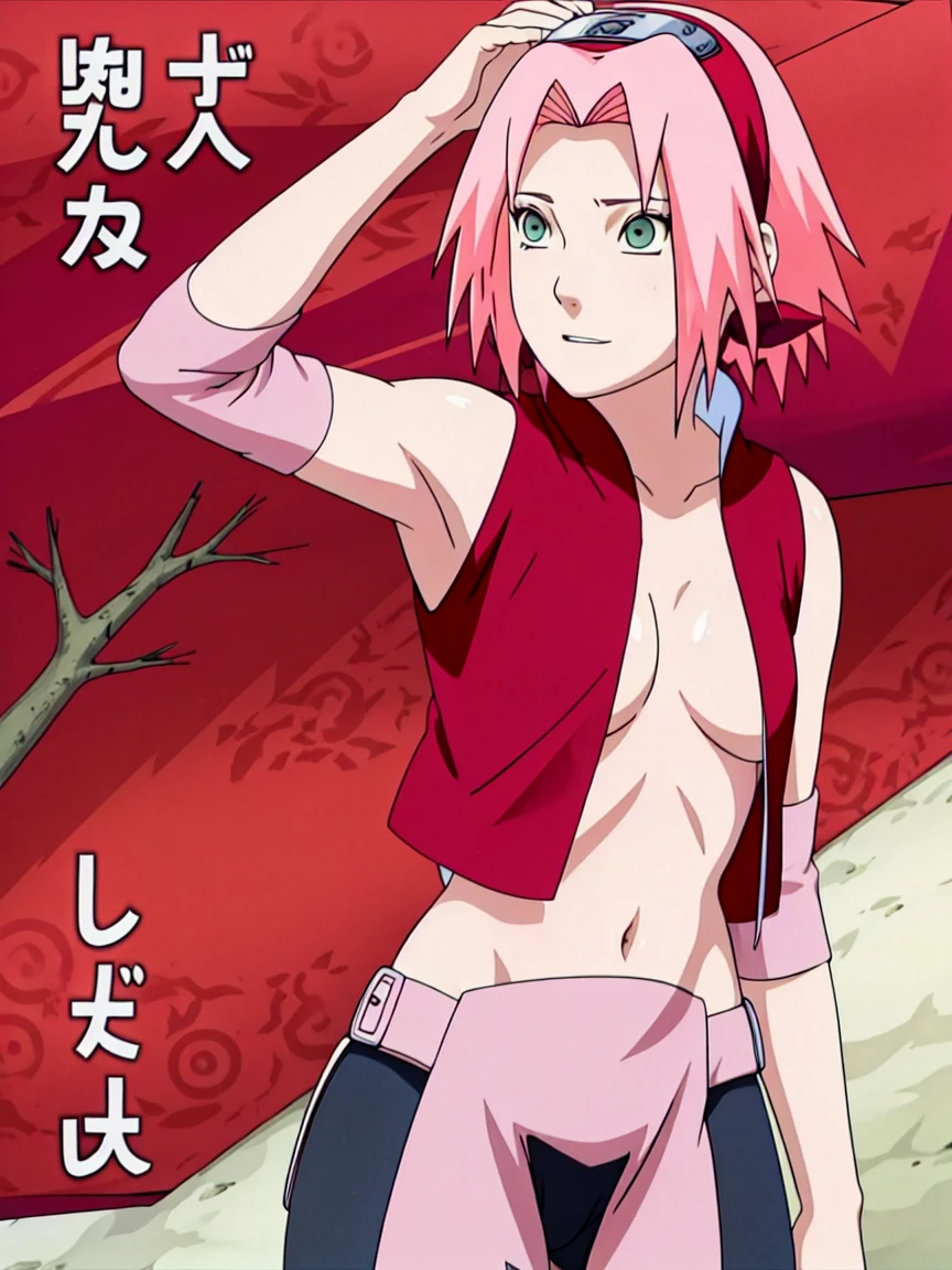 Sakura Haruno nude,wide hips,abdomen,sexy ,Show your armpits,jump,On the tree,IPST, naked,Torn shirt,blushing,sexually aroused, In the forest,open shirt,nipple,pink nipples,full body