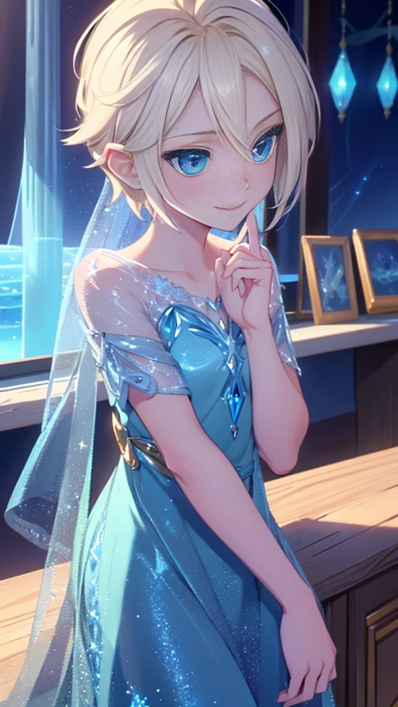 ((work of art)), (best quality), (detailed), ((femboy,male)), (link), gazing at viewer, Short blonde hair, blue eyes, happy, smile, (wearing a
blue sparkling ice dress)