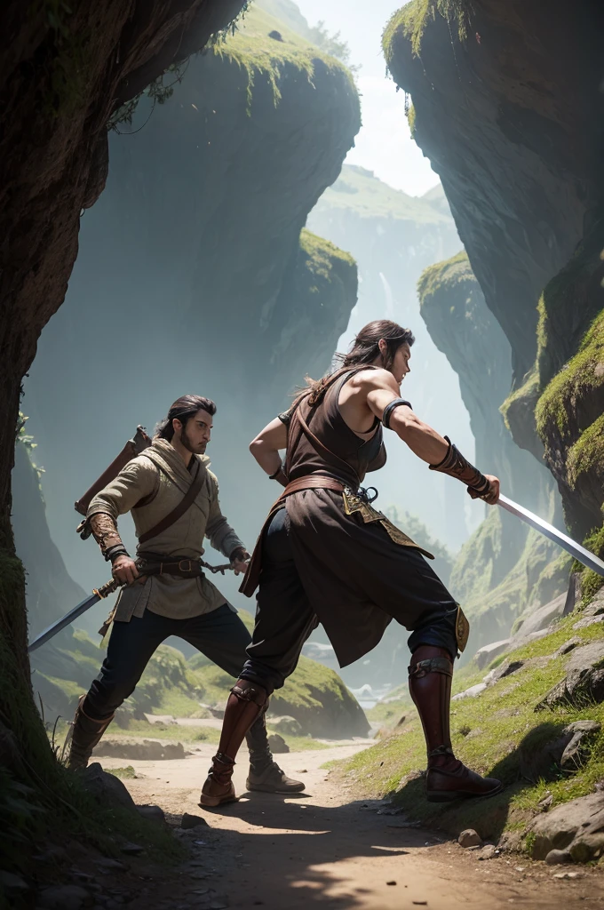 Make an ultra realistic image of a swordsman woman and man approaching a cave
